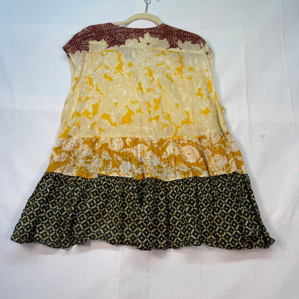 Free People Mixed Print Tiered Tunic Sleeveless Cotton Boho Top Yellow S